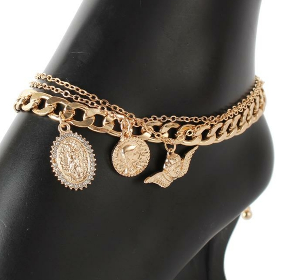Gold Chain Religious Pendant Layered Anklet Metal Virgin Mary Angel Coin Charms - Picture 1 of 4